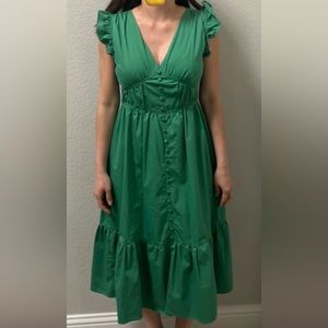 A V-neck dark green dress